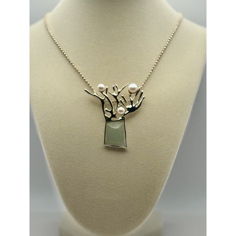 Sterling Silver Jade And Pearl Necklace Pendant Handmade Jewelry